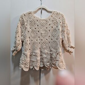 Solitare Crochet Scoop-Neck Peplum Top - Cream